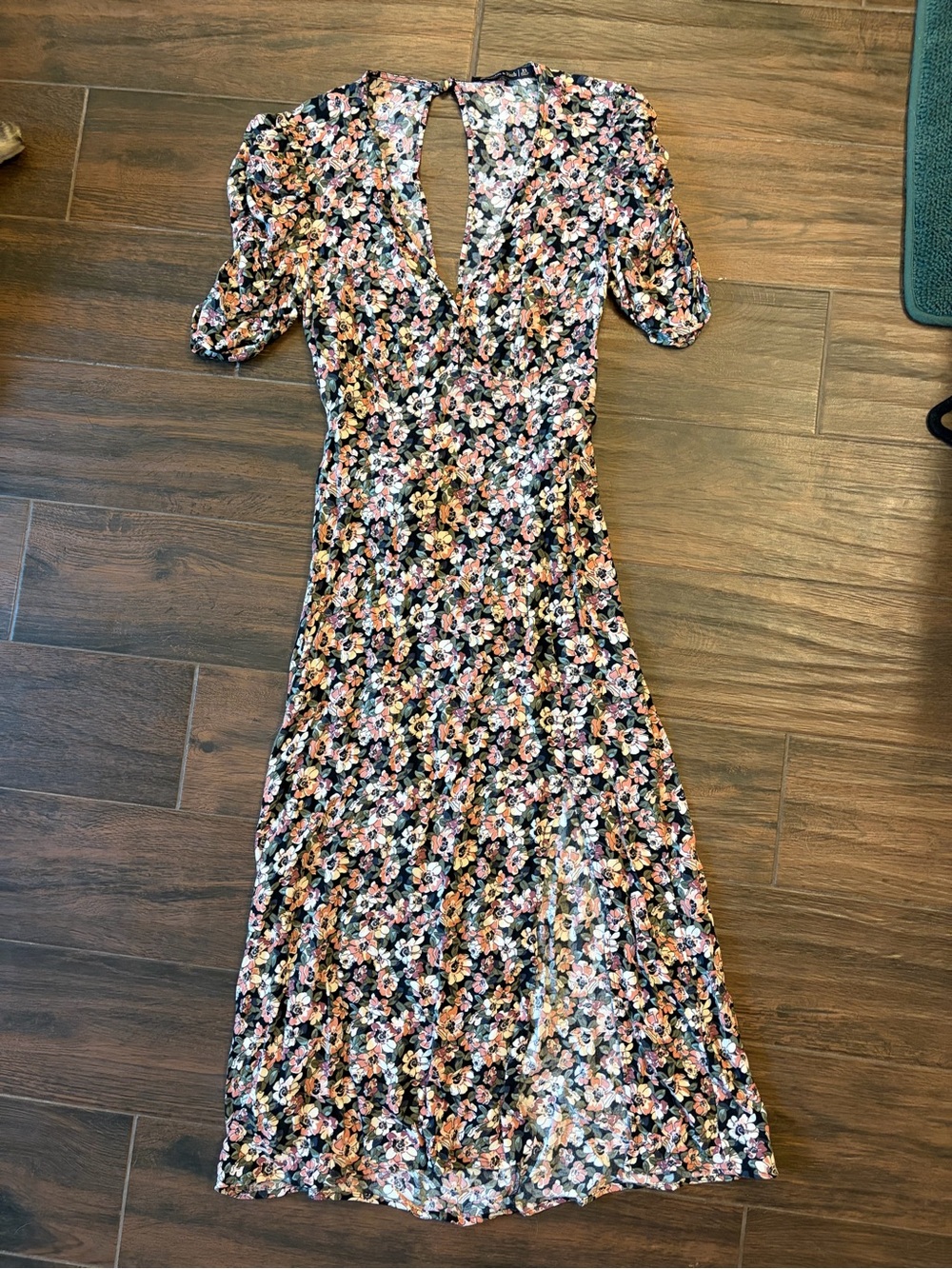 Abercrombie & Fitch Black Floral Midi Dress with Pink & Peach Blooms